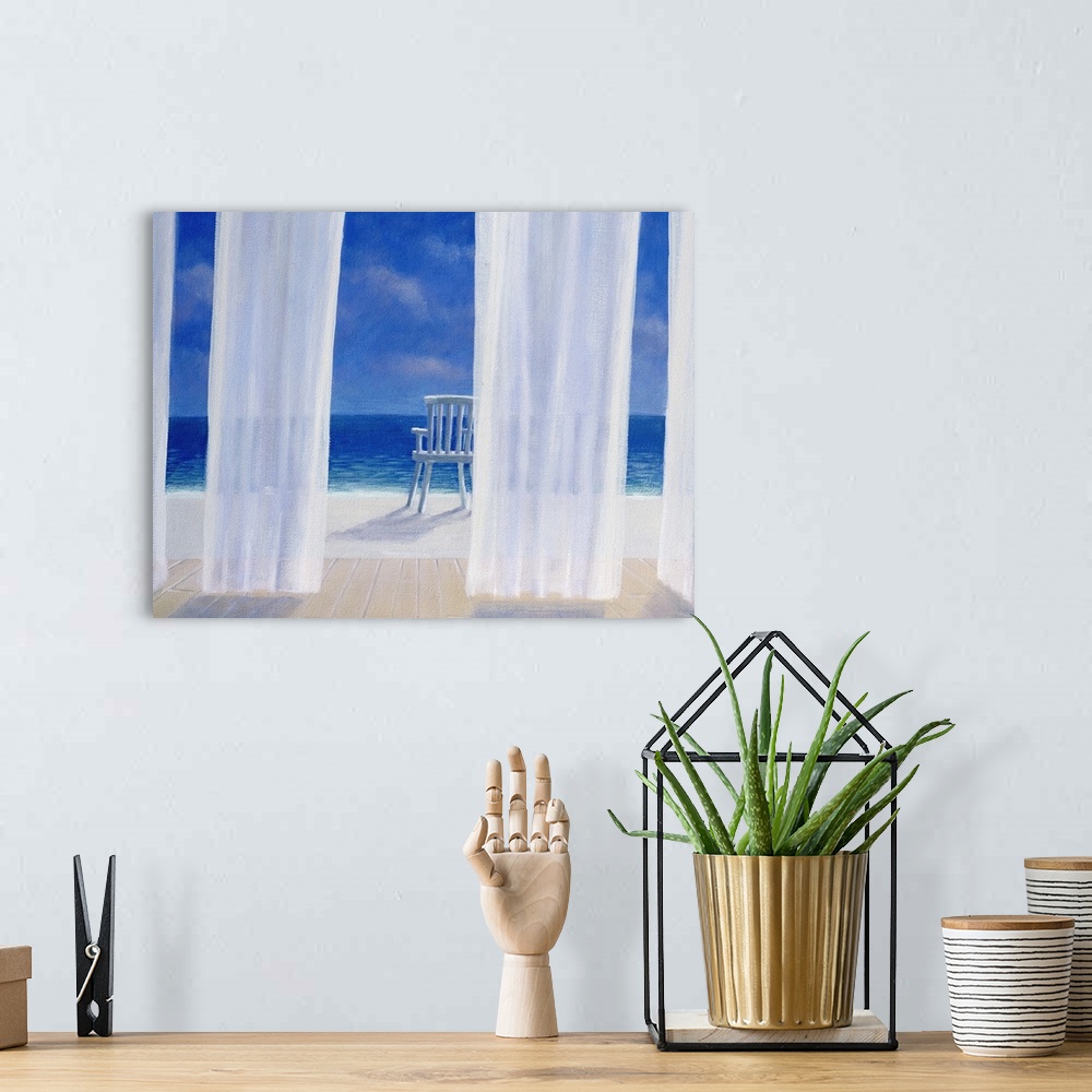 A bohemian room featuring Fantastic wall art for a beach house this contemporary landscape painting looks out to sea throug...