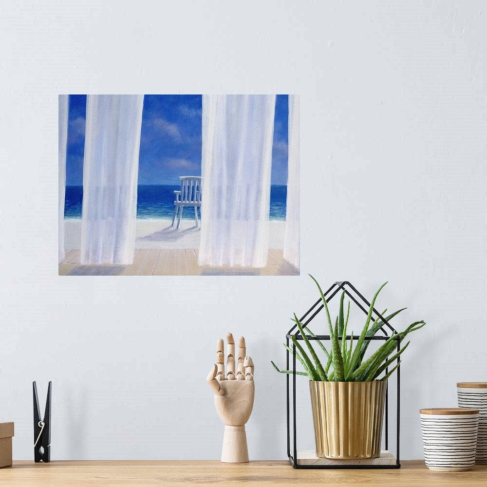 A bohemian room featuring Fantastic wall art for a beach house this contemporary landscape painting looks out to sea throug...