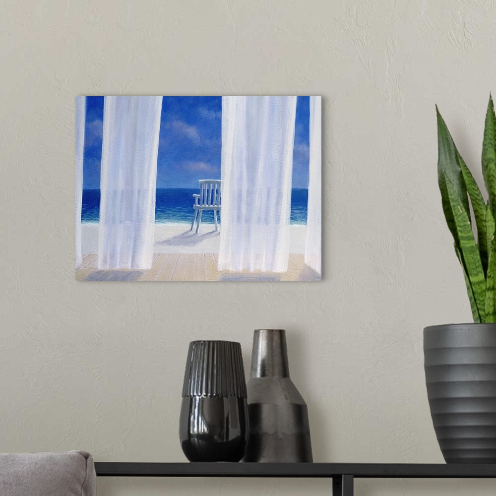 A modern room featuring Fantastic wall art for a beach house this contemporary landscape painting looks out to sea throug...