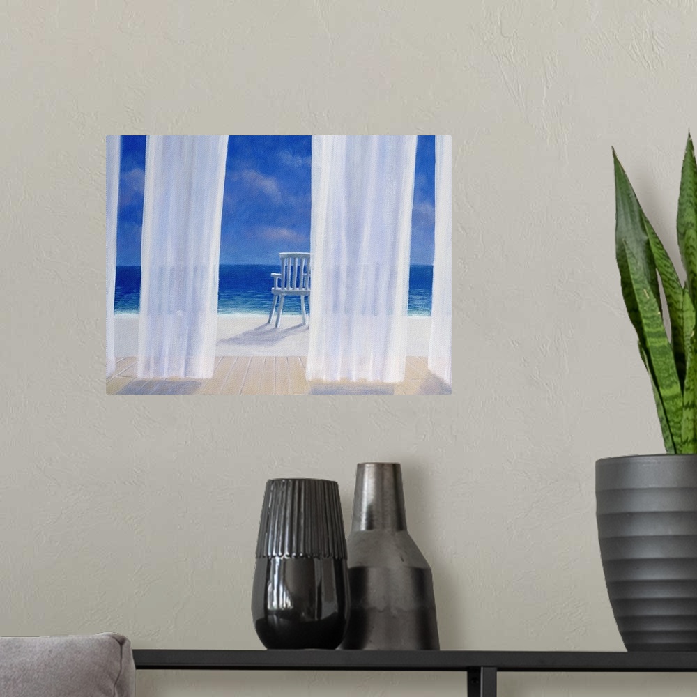 A modern room featuring Fantastic wall art for a beach house this contemporary landscape painting looks out to sea throug...