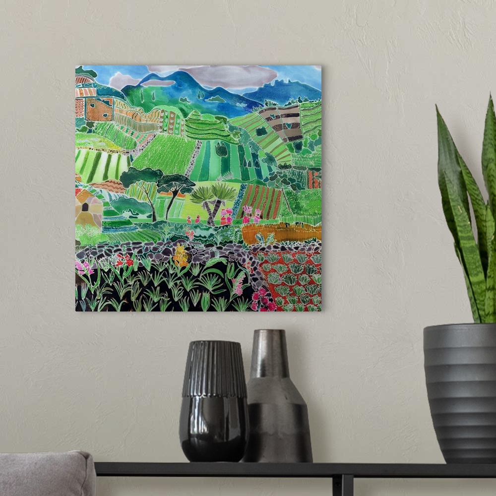 A modern room featuring Contemporary painting of an agricultural landscape with mountains in the distance.