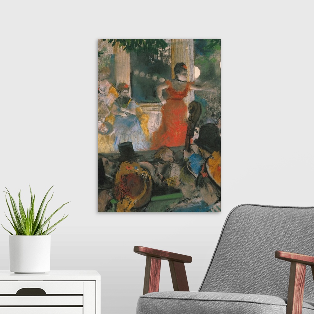 A modern room featuring A piece of classic artwork that has a crowd in the foreground of the painting and women in gowns ...
