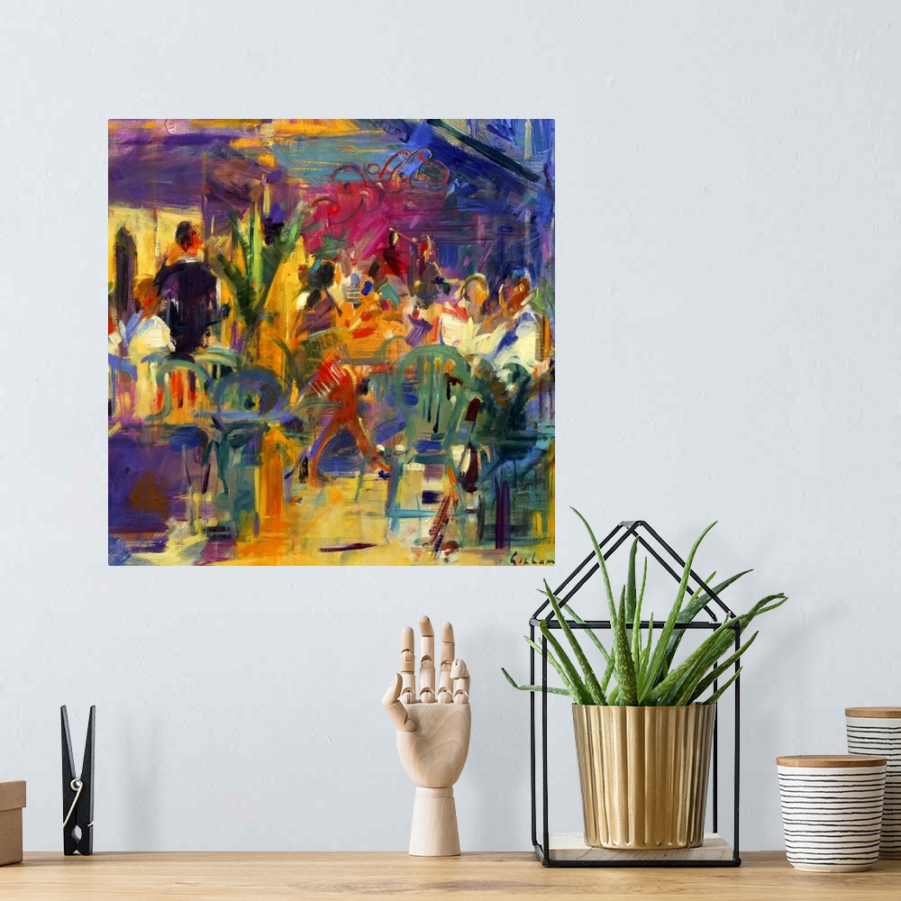 A bohemian room featuring Colorful contemporary oil painting of busy eatery.