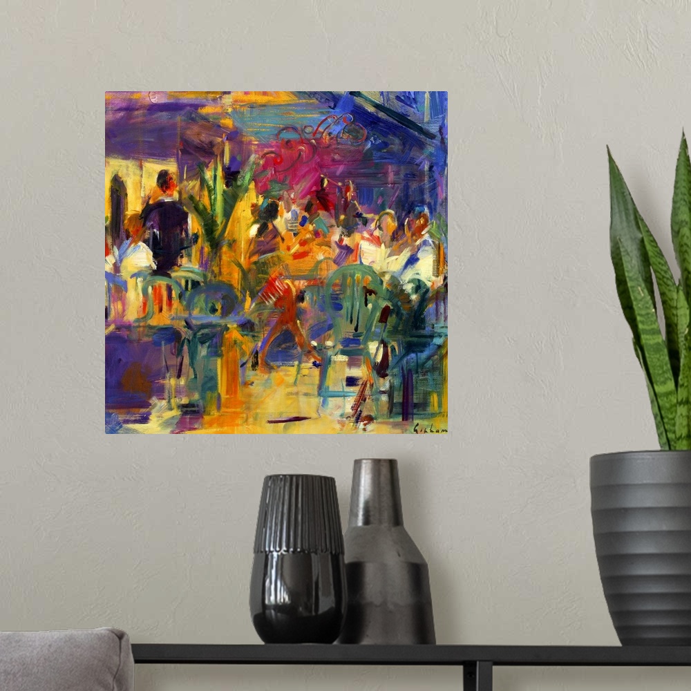 A modern room featuring Colorful contemporary oil painting of busy eatery.