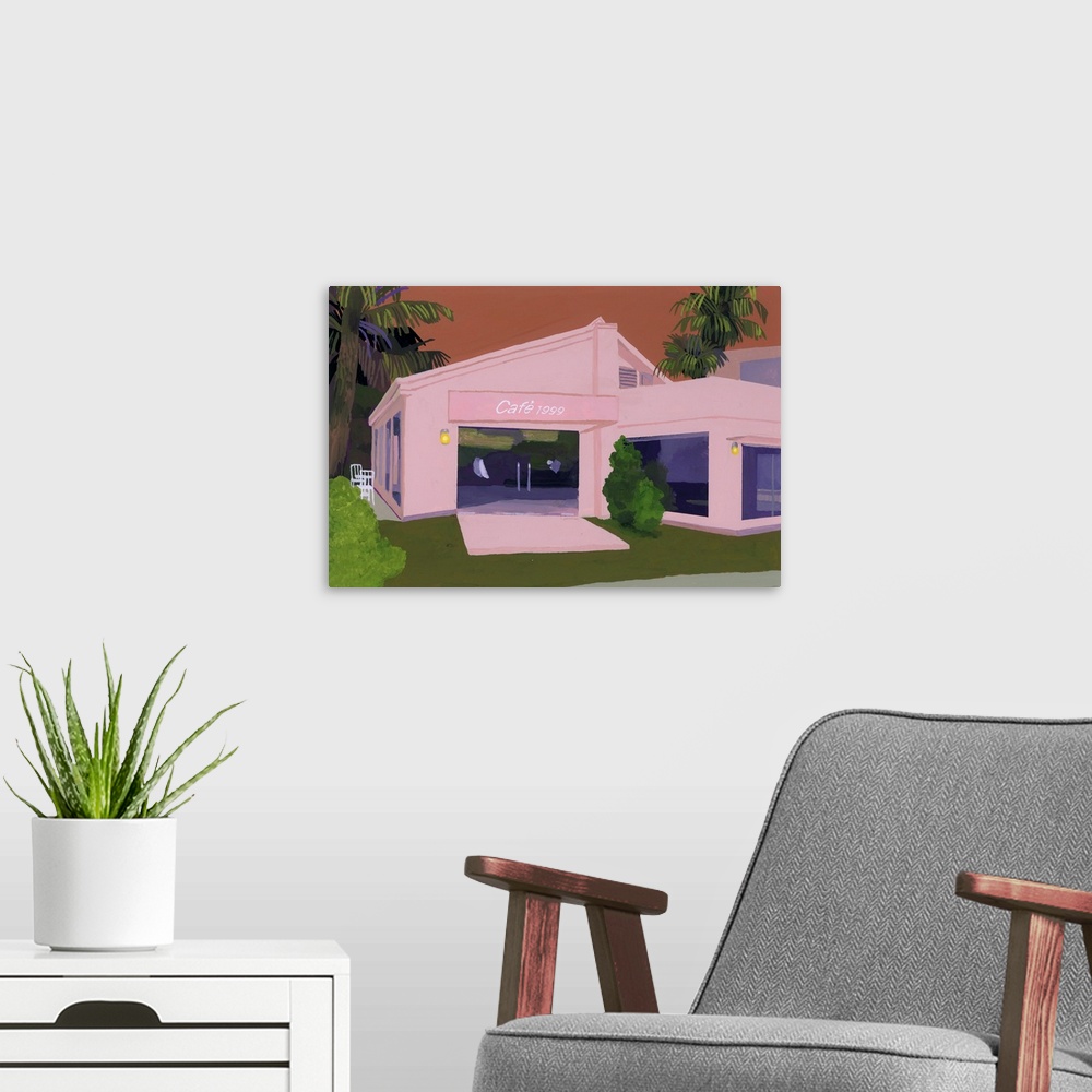 A modern room featuring Originally gouache on paper and Adobe Photoshop.