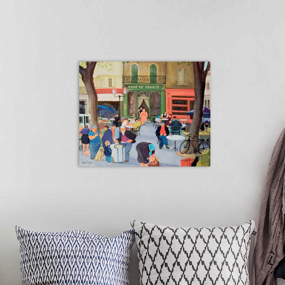 A bohemian room featuring Contemporary painting of people eating at a cafe in France.