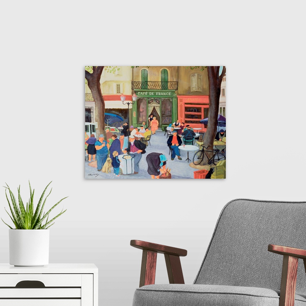 A modern room featuring Contemporary painting of people eating at a cafe in France.