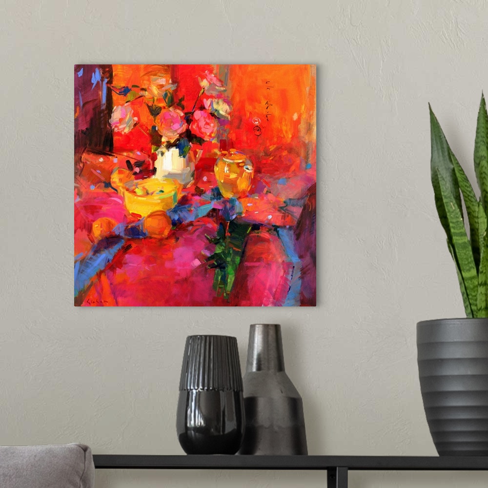 A modern room featuring A contemporary painting that uses vibrant colors to paint a vase of flowers and fruit sitting on ...