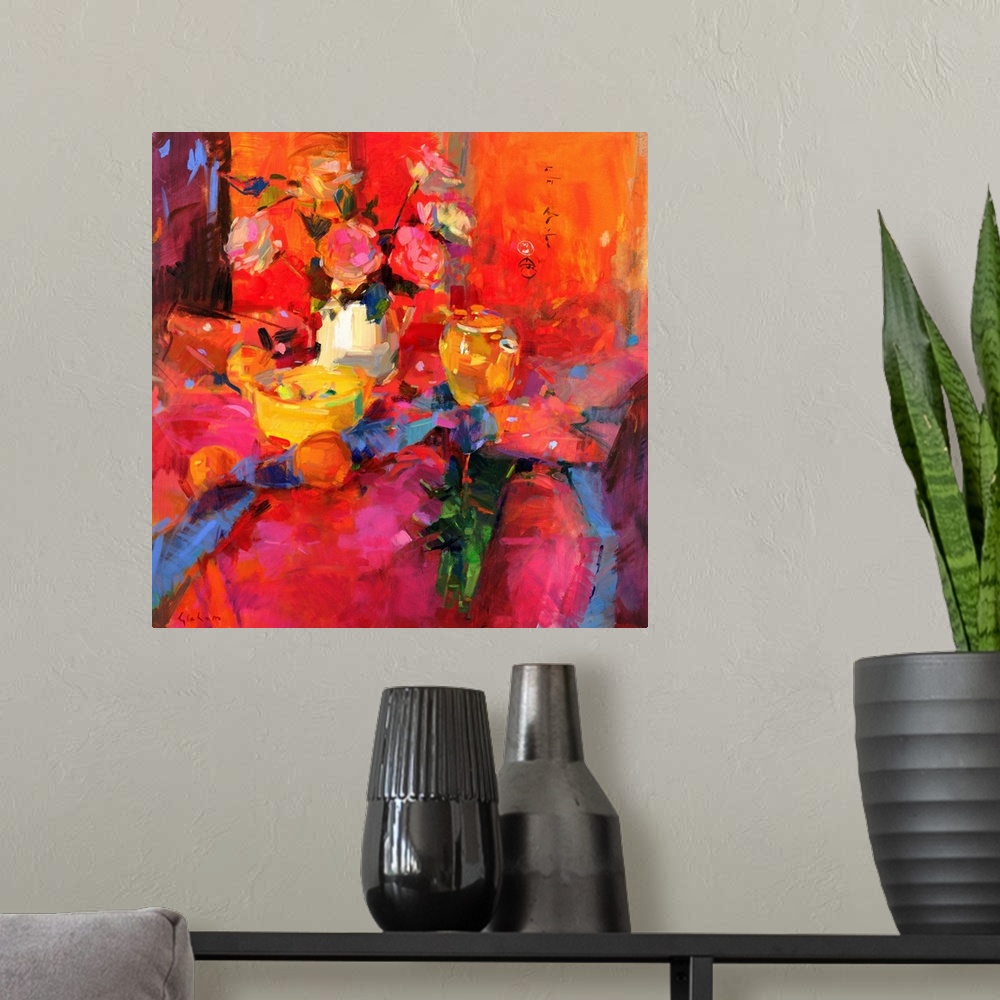 A modern room featuring A contemporary painting that uses vibrant colors to paint a vase of flowers and fruit sitting on ...