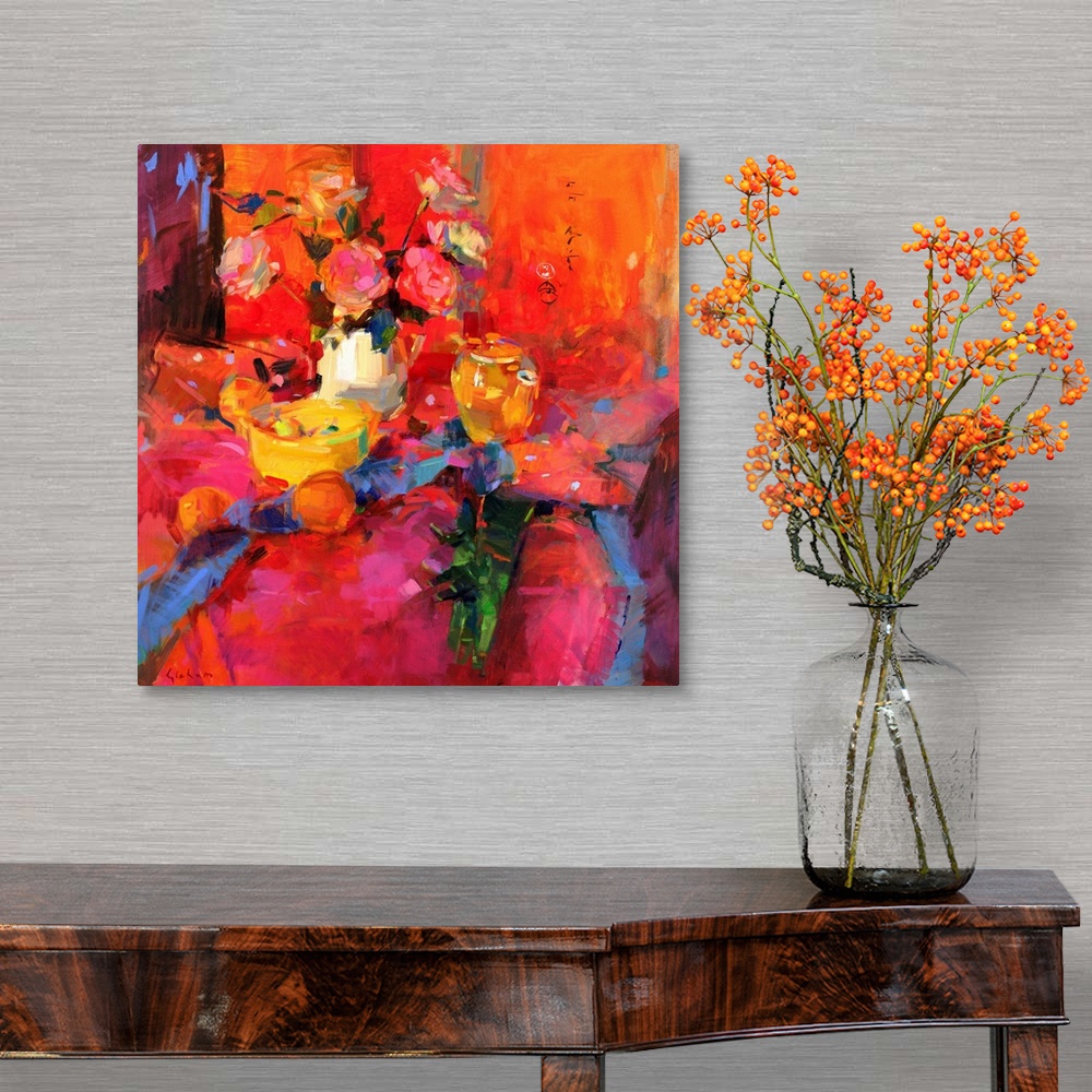 A traditional room featuring A contemporary painting that uses vibrant colors to paint a vase of flowers and fruit sitting on ...