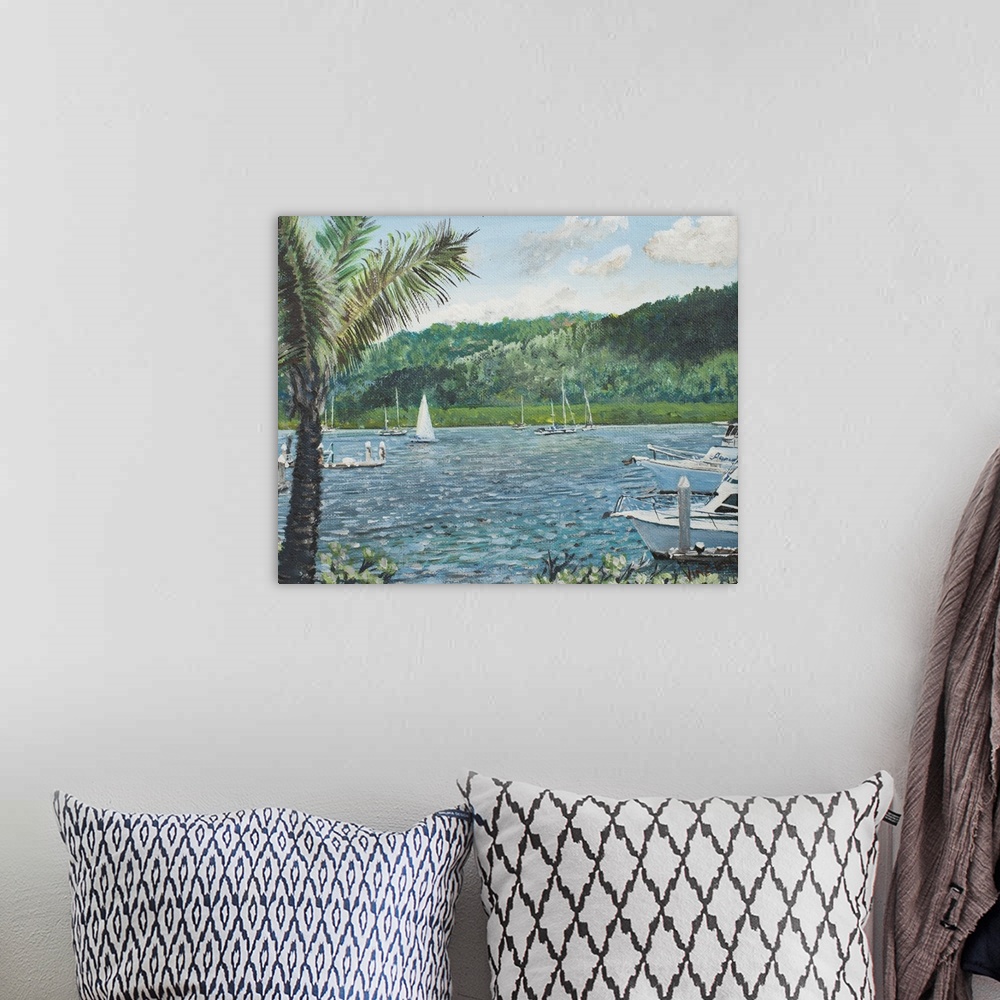 A bohemian room featuring Contemporary painting of a scenic Australian harbor.