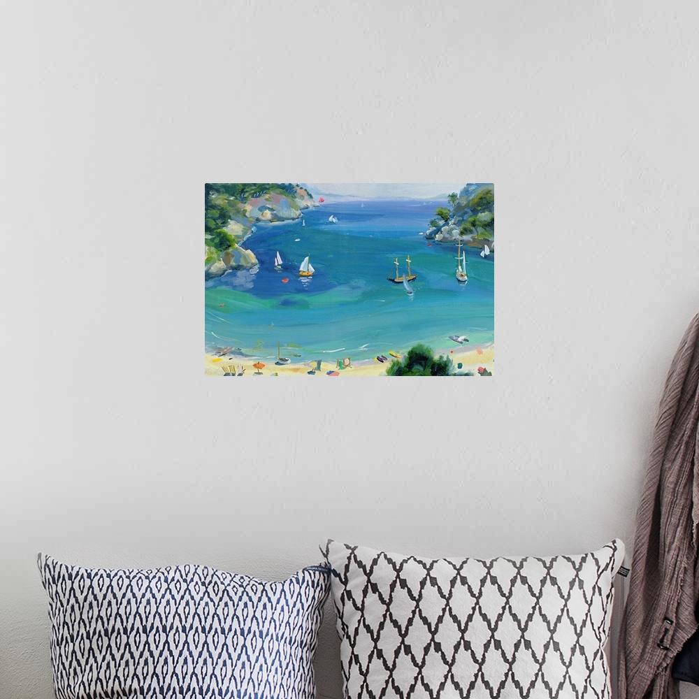 A bohemian room featuring Oil painting of shoreline filled with beachgoers and sail boats In the ocean.