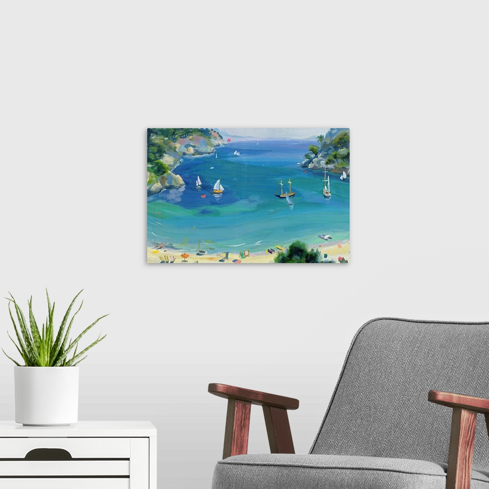 A modern room featuring Oil painting of shoreline filled with beachgoers and sail boats In the ocean.