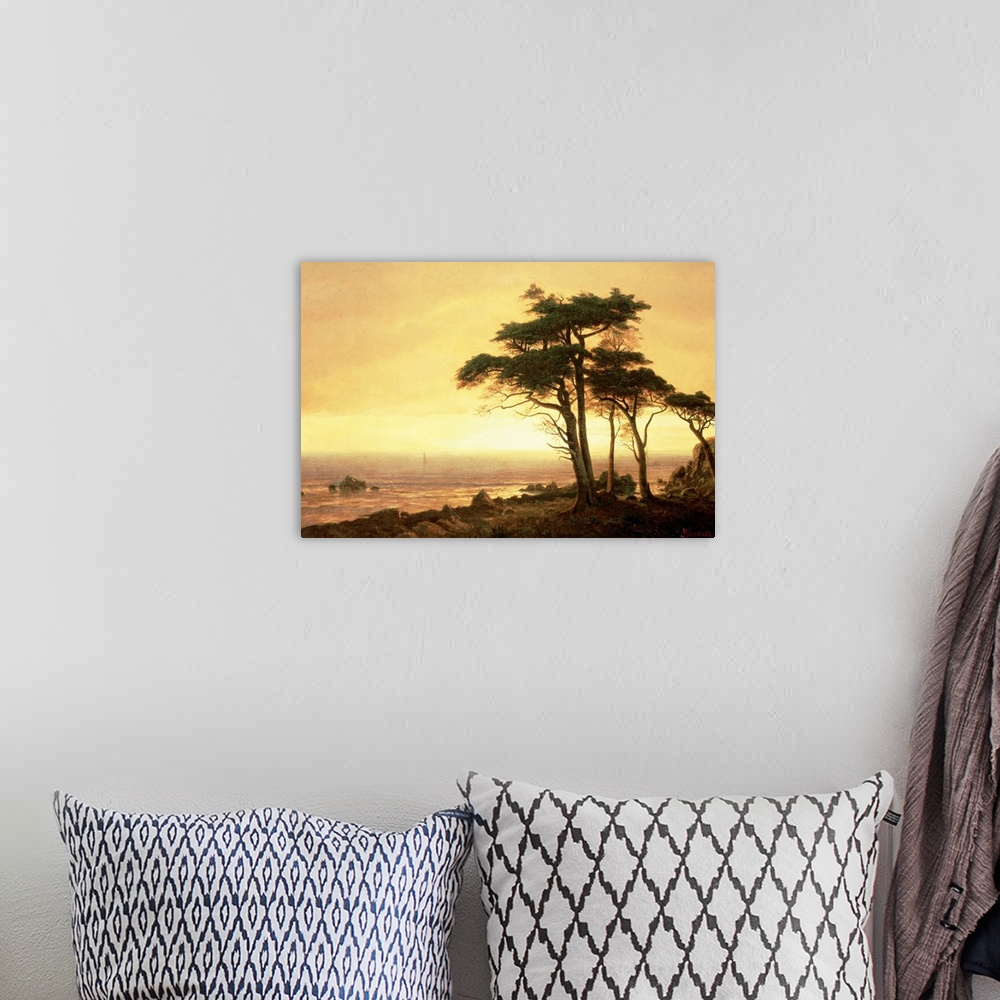A bohemian room featuring This classic piece of artwork has a large tree that grows near the ocean coast with a sunset pain...