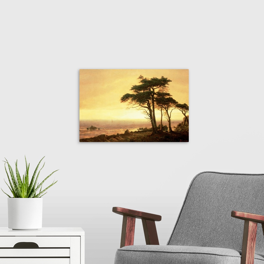 A modern room featuring This classic piece of artwork has a large tree that grows near the ocean coast with a sunset pain...