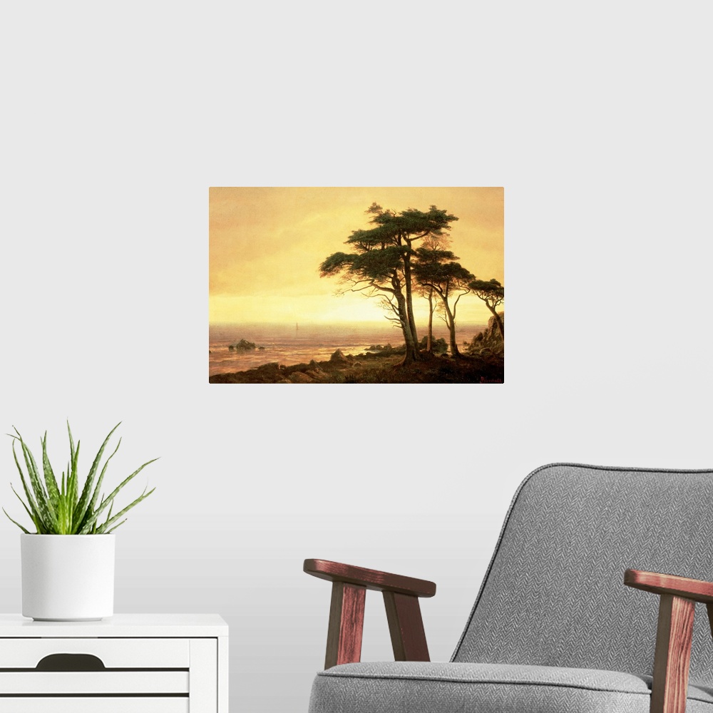 A modern room featuring This classic piece of artwork has a large tree that grows near the ocean coast with a sunset pain...