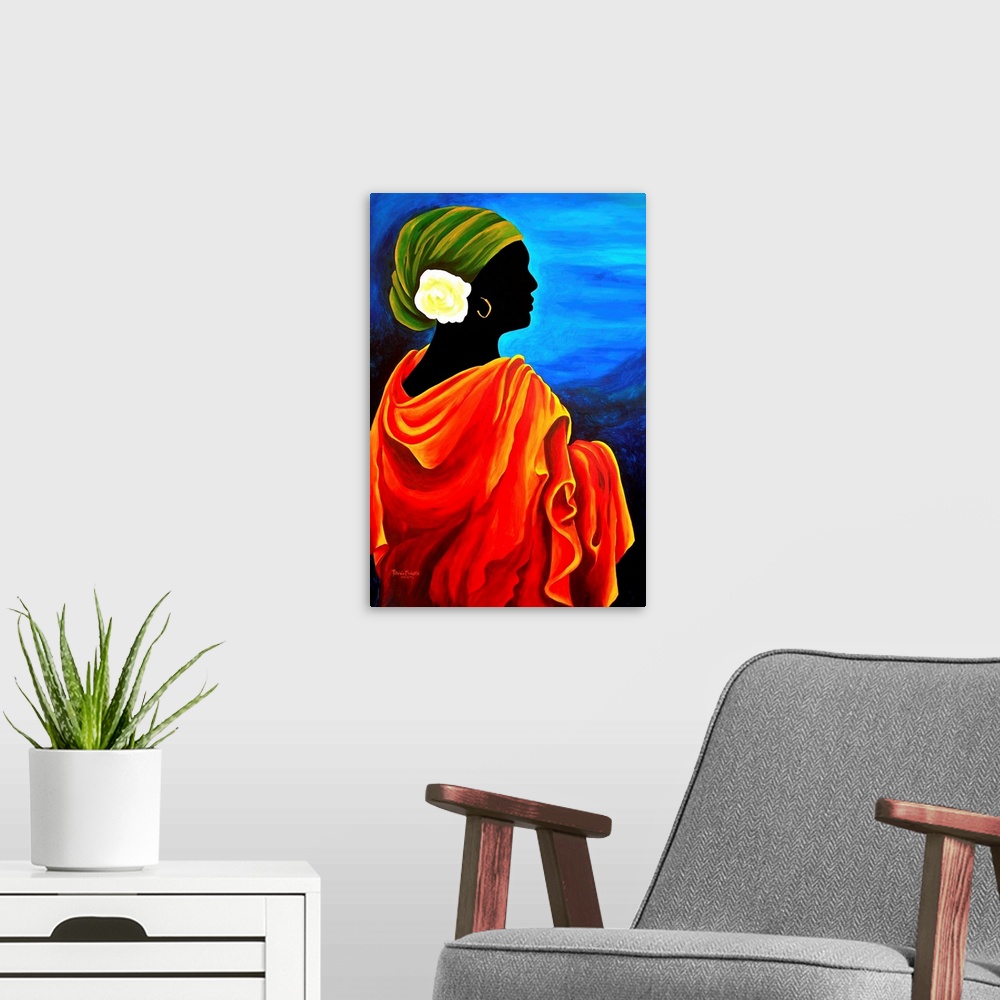 A modern room featuring Contemporary portrait of a Haitian woman wearing a headscarf with a flower.