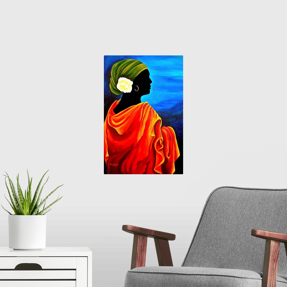 A modern room featuring Contemporary portrait of a Haitian woman wearing a headscarf with a flower.