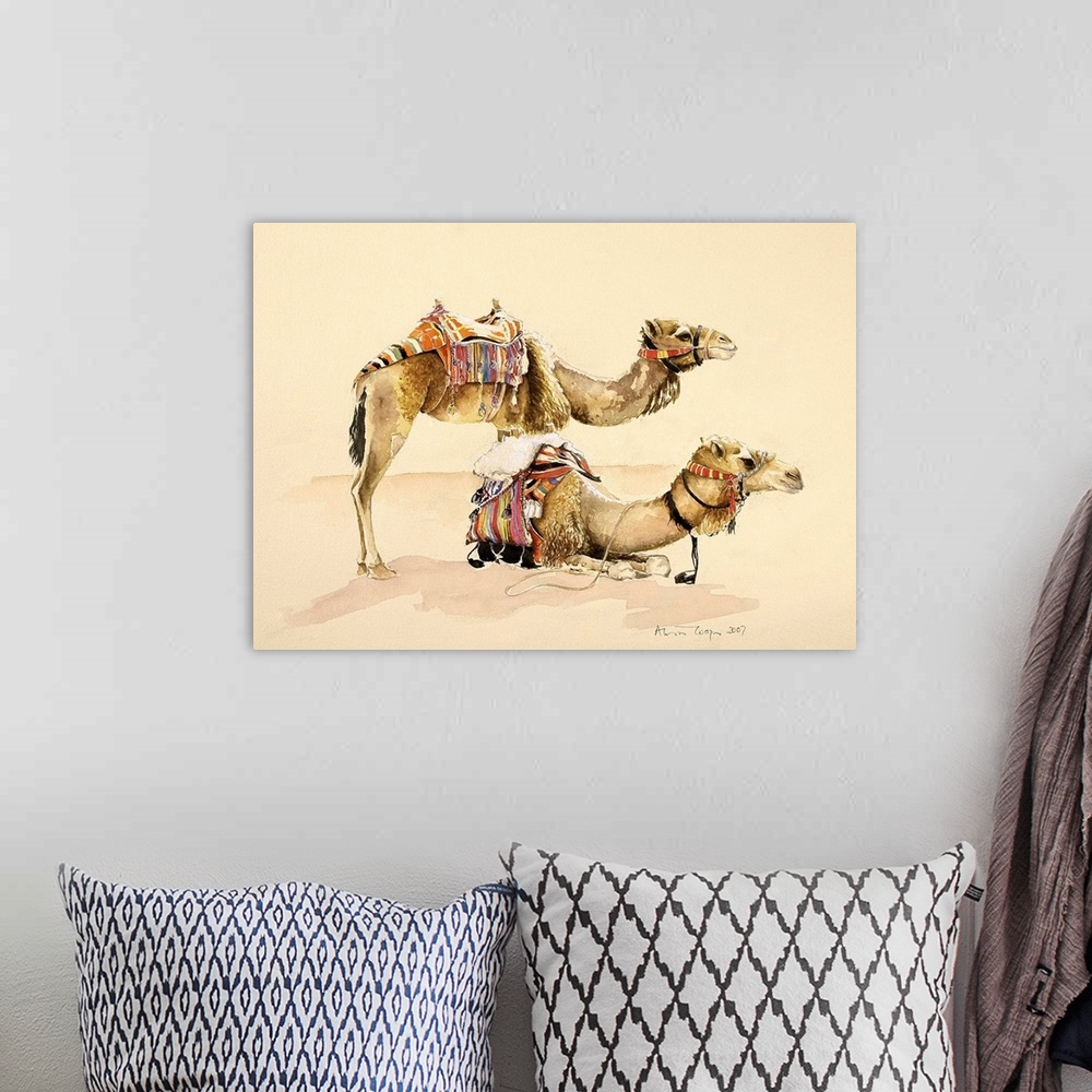 A bohemian room featuring Contemporary painting of two camels resting in the desert.