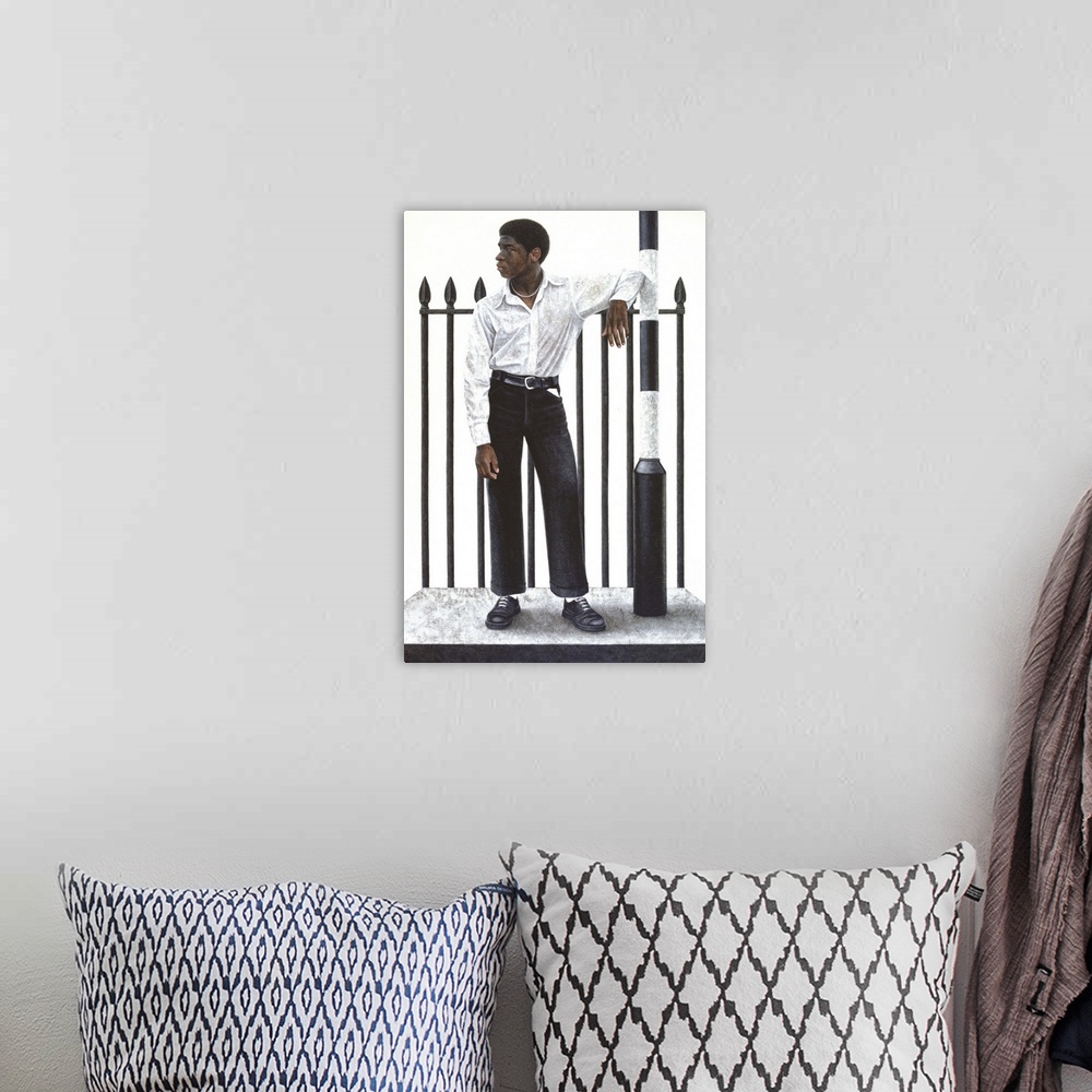 A bohemian room featuring Contemporary painting of a man with clothes matching his urban surroundings.