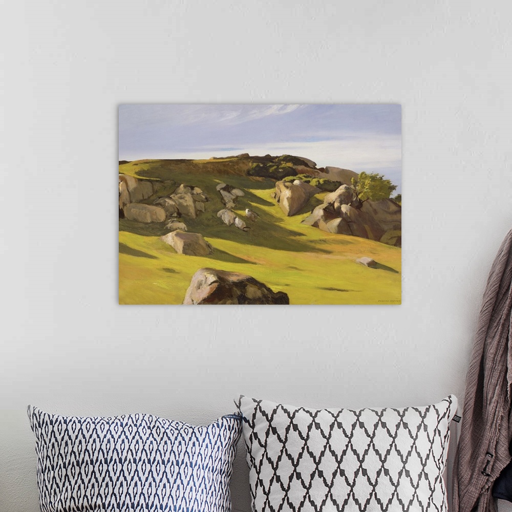 A bohemian room featuring Bright landscape painting of the rocky Cape Anne located in Massachusetts, New England.