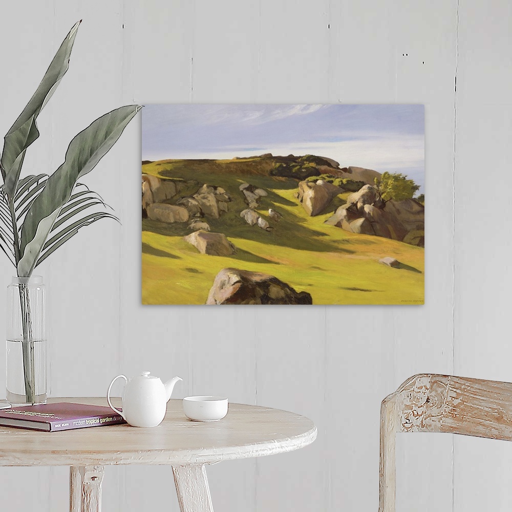 A farmhouse room featuring Bright landscape painting of the rocky Cape Anne located in Massachusetts, New England.