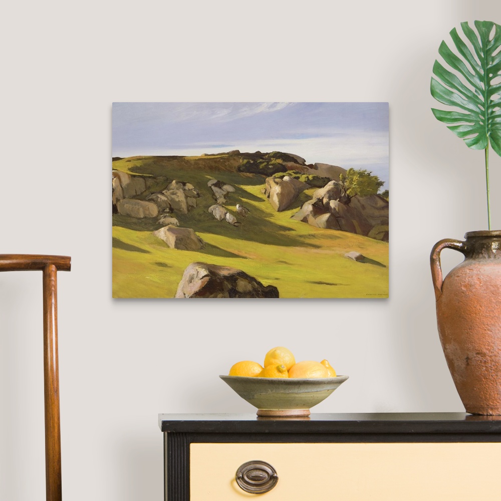A traditional room featuring Bright landscape painting of the rocky Cape Anne located in Massachusetts, New England.
