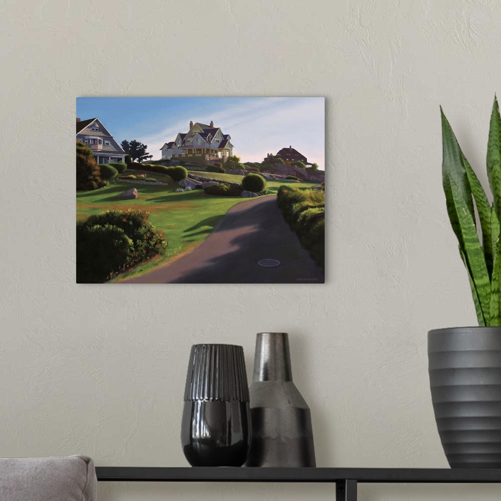 A modern room featuring Contemporary painting of a neighborhood with large houses at sunrise.