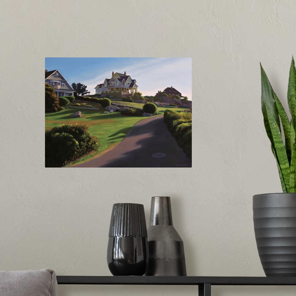 A modern room featuring Contemporary painting of a neighborhood with large houses at sunrise.