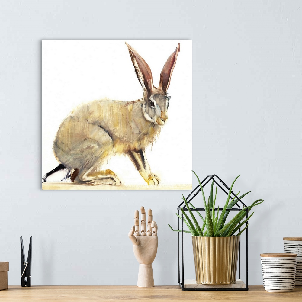 A bohemian room featuring Contemporary wildlife painting of a large hare.