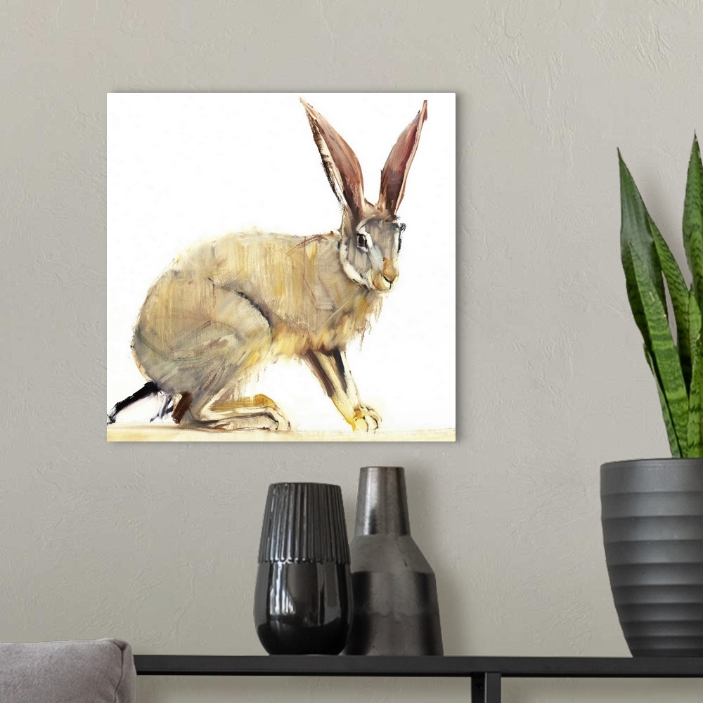 A modern room featuring Contemporary wildlife painting of a large hare.