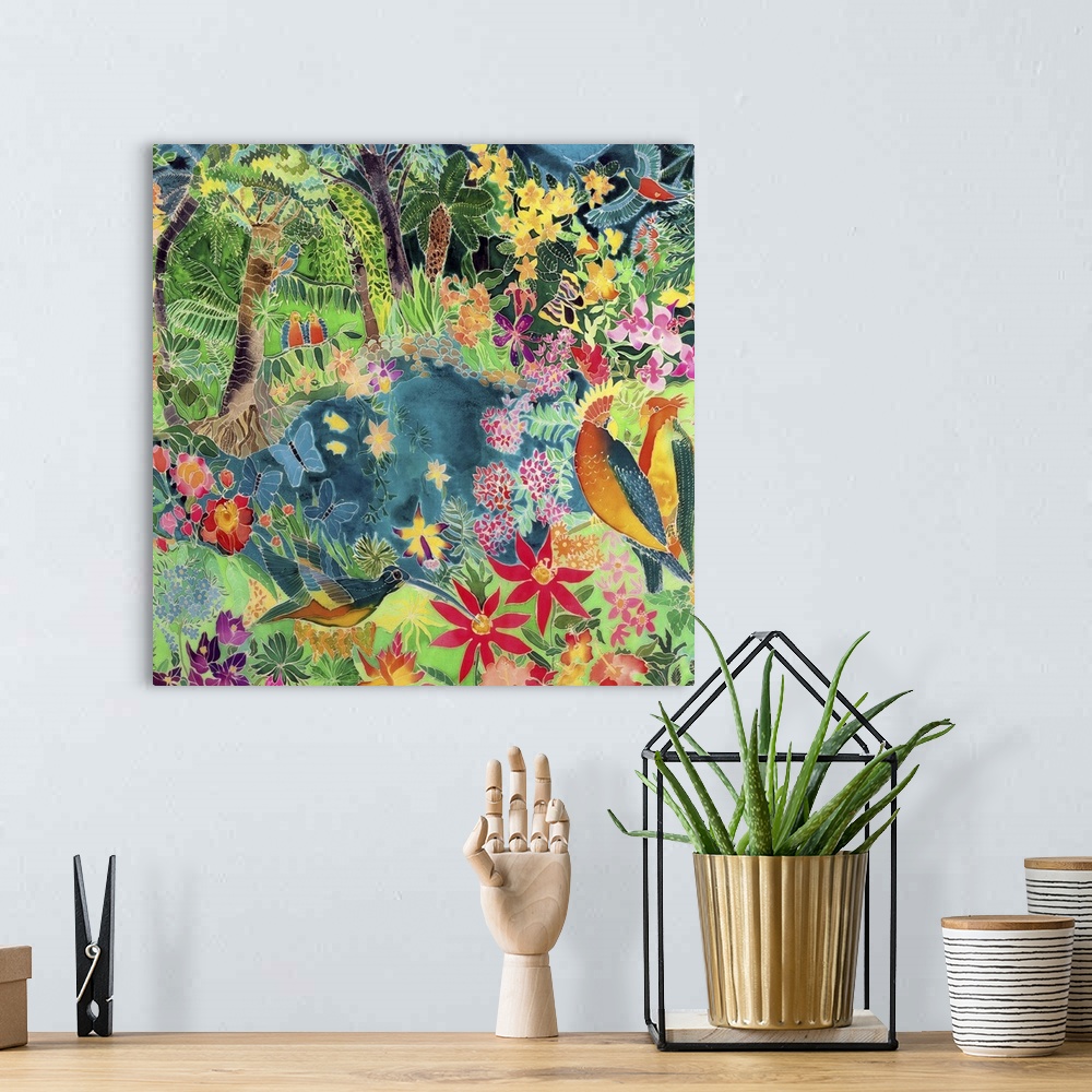 A bohemian room featuring Contemporary painting of the brightly colored animals and flowers of the jungle.