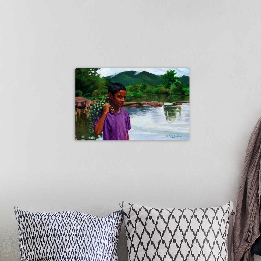 A bohemian room featuring Contemporary painting of a young boy by the water holding fruit.
