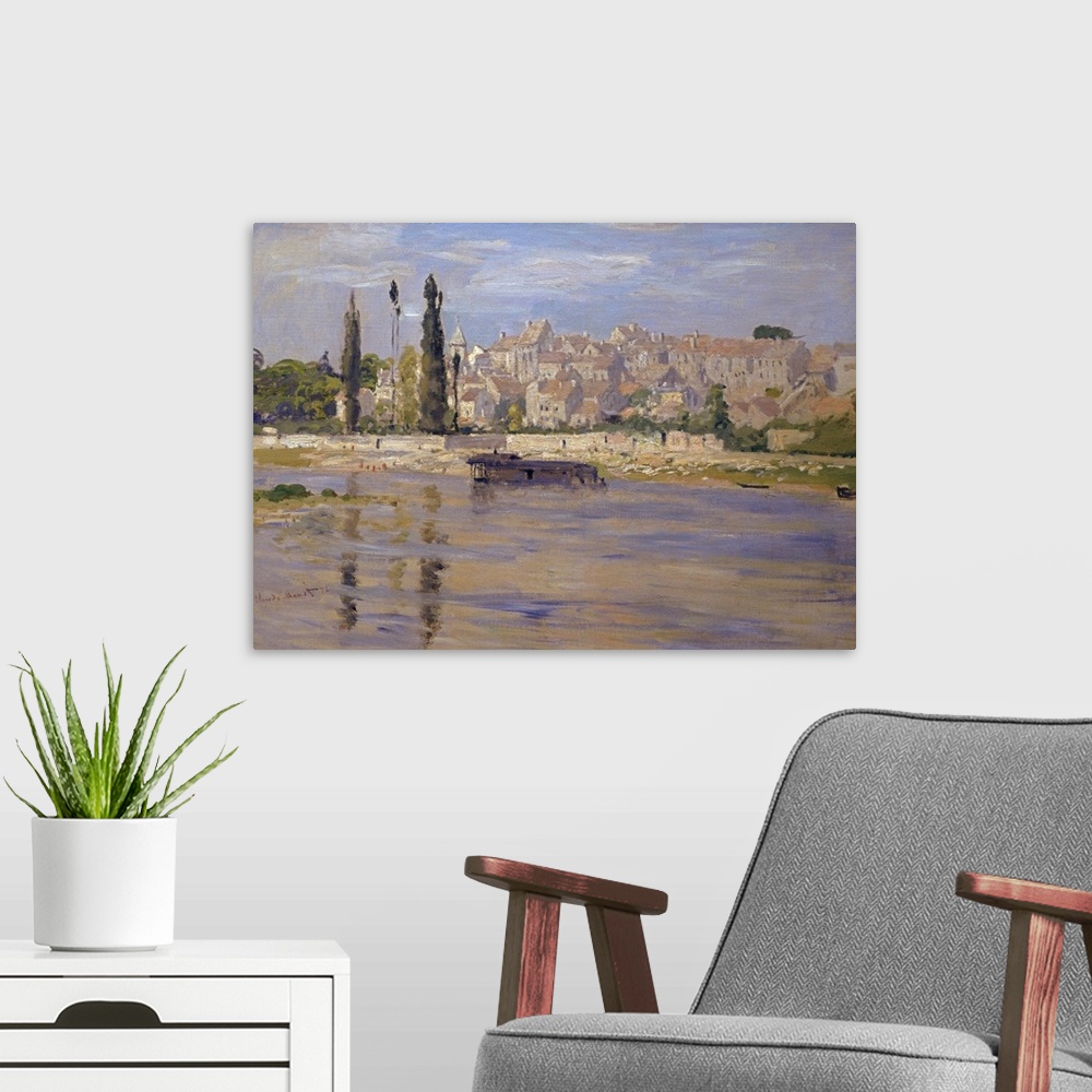 A modern room featuring Oversized, landscape, classic art painting of a body of water in the foreground, a city with many...
