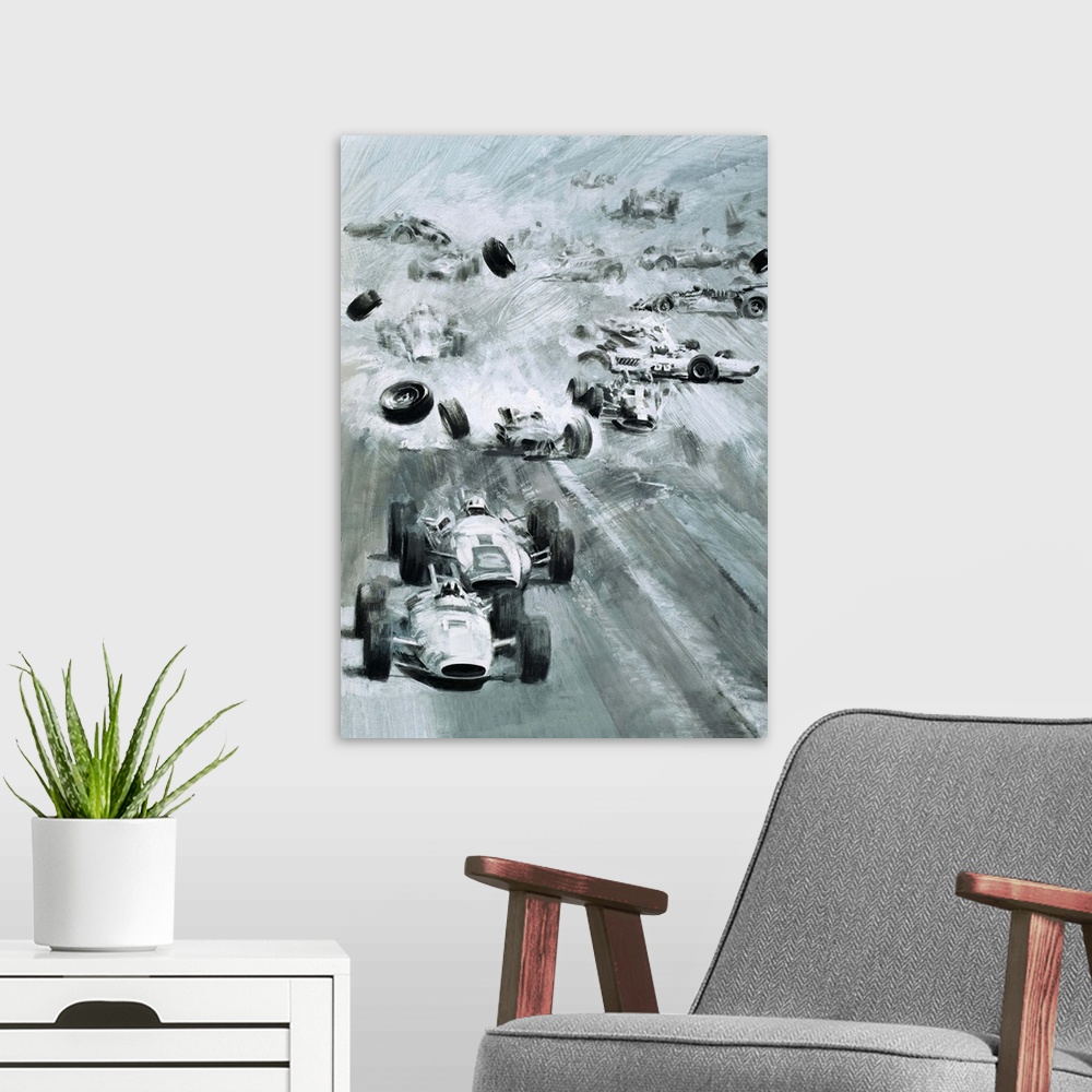 A modern room featuring Cars crashing at the Indianapolis 500