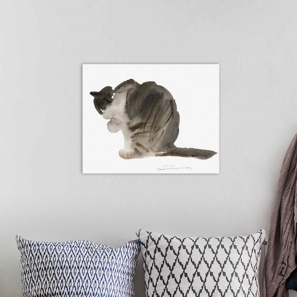 A bohemian room featuring Contemporary watercolor painting of a cat.