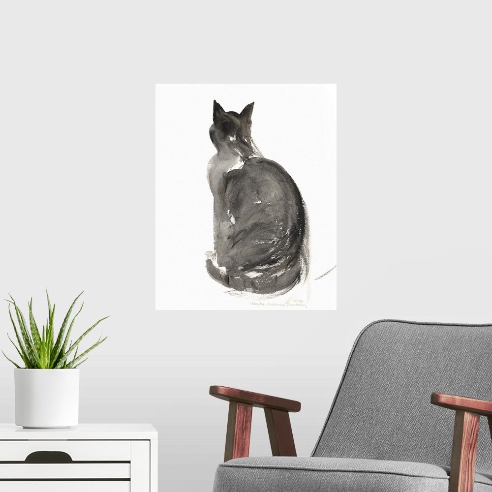 A modern room featuring Contemporary watercolor painting of a cat.