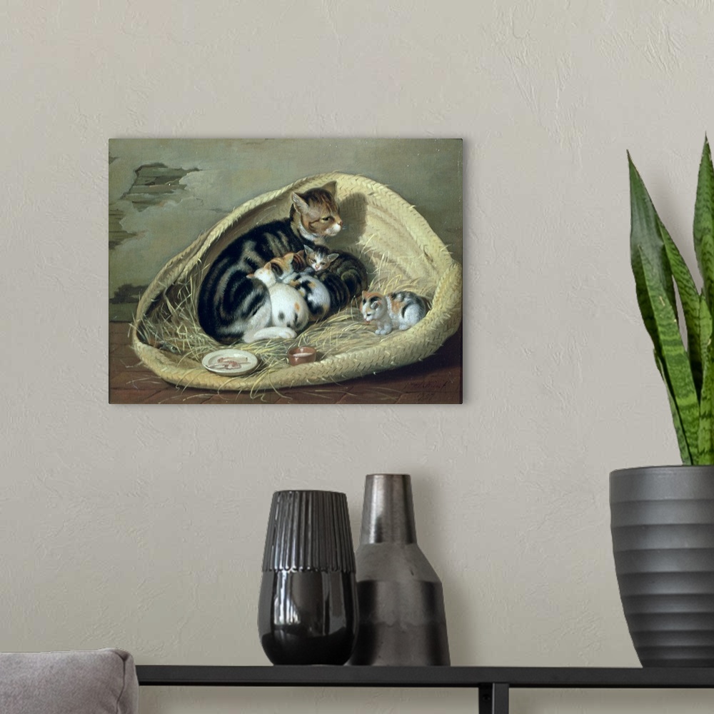 A modern room featuring BAL52795 Cat with Her Kittens in a Basket, 1797 (oil on canvas)  by Wilde, Samuel de (1748-1832);...