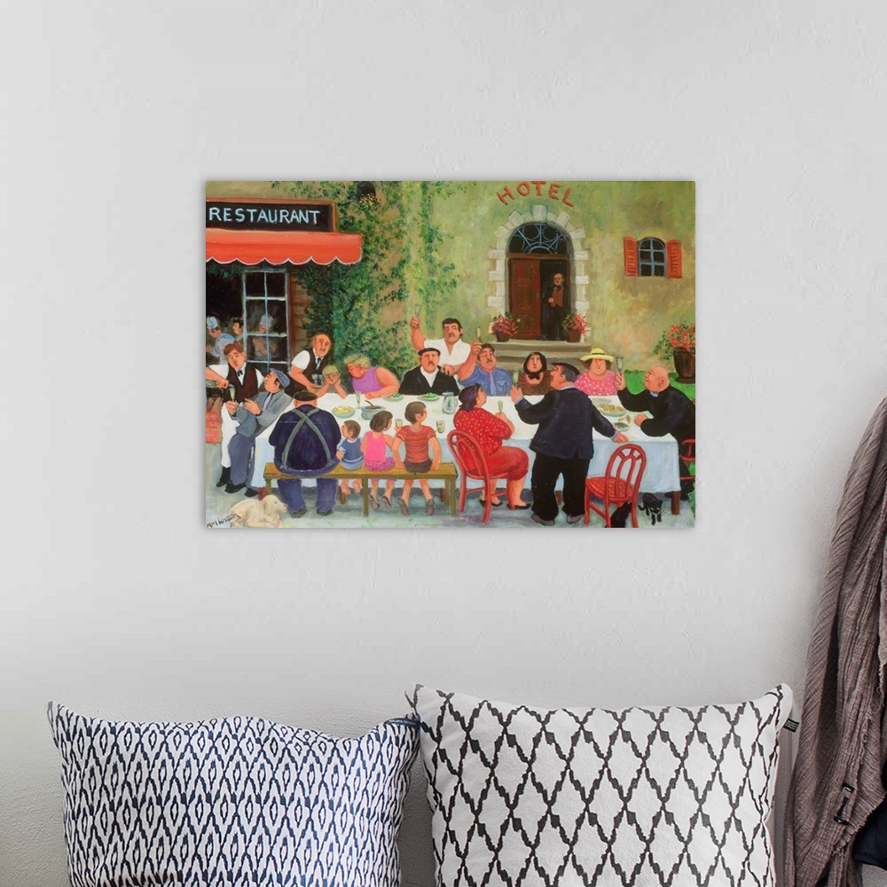A bohemian room featuring Contemporary painting of people eating at a banquet outdoors in a French town.