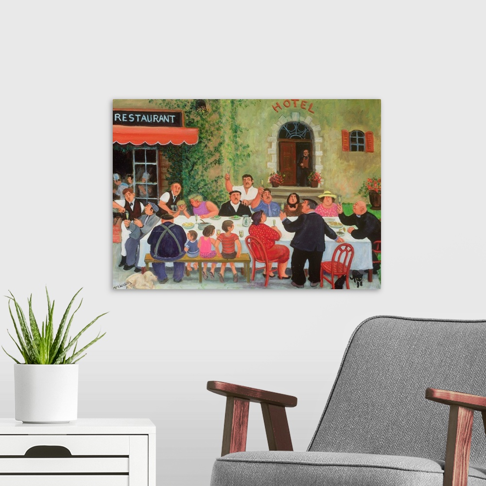 A modern room featuring Contemporary painting of people eating at a banquet outdoors in a French town.