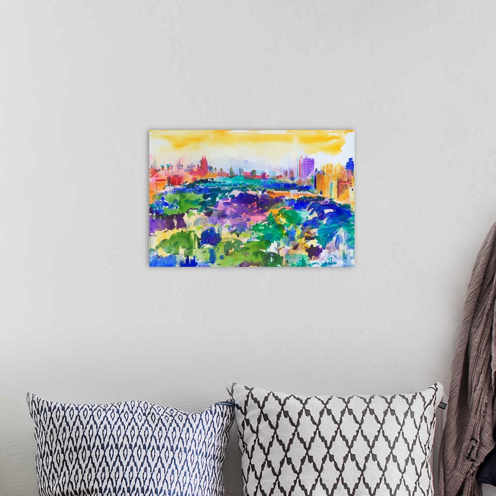 A bohemian room featuring Contemporary abstract painting of Central Park with vibrant water colors.