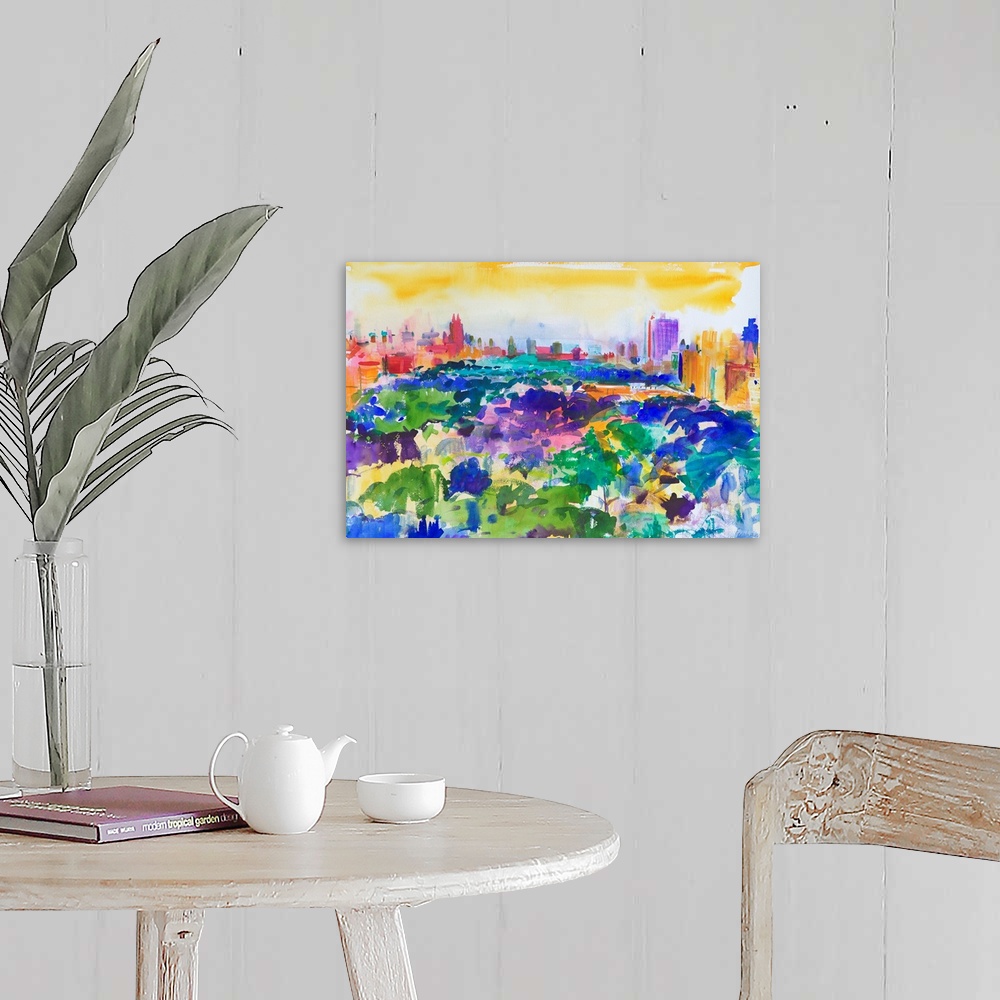 A farmhouse room featuring Contemporary abstract painting of Central Park with vibrant water colors.