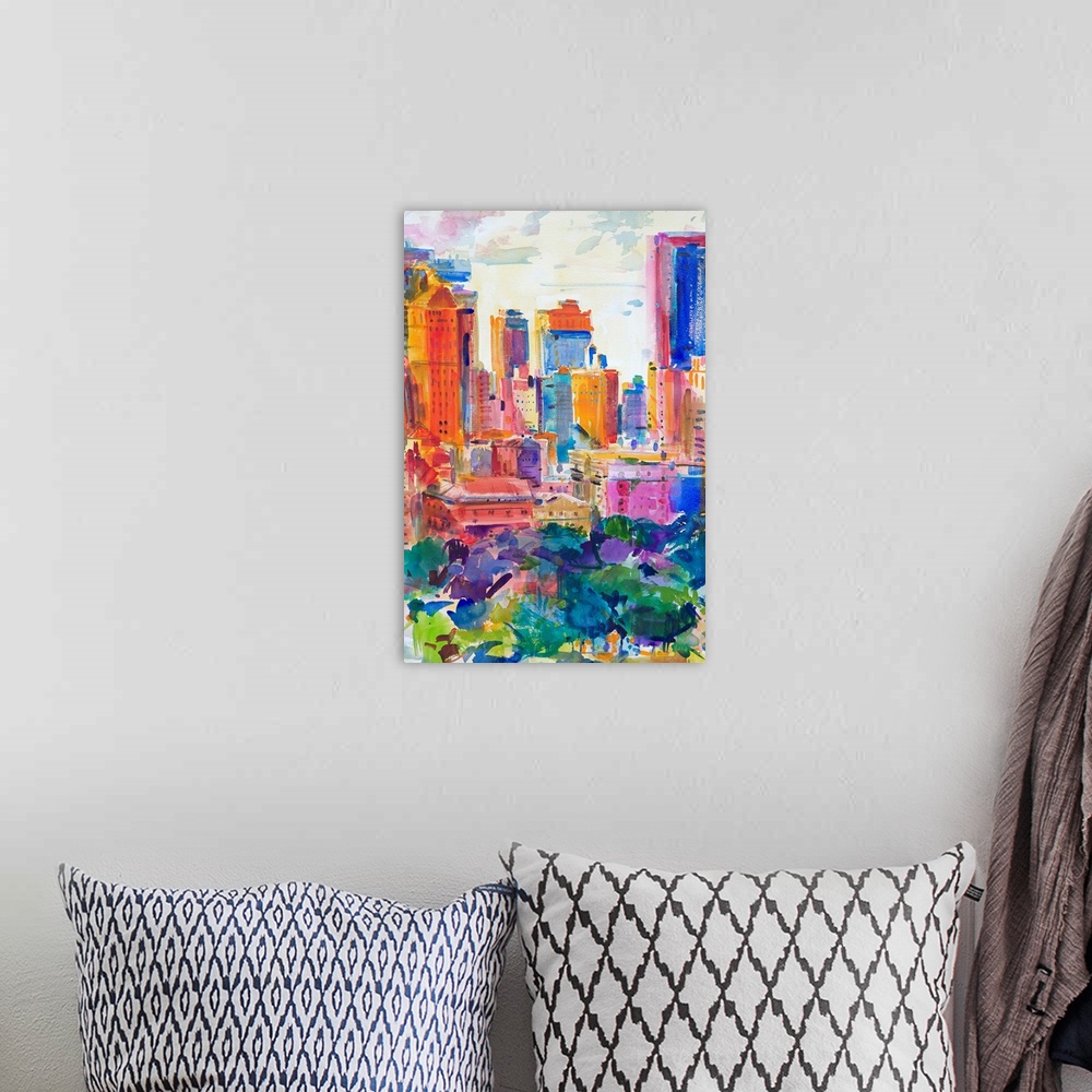 A bohemian room featuring Huge contemporary art portrays a section of the New York skyline sitting behind a famous urban re...