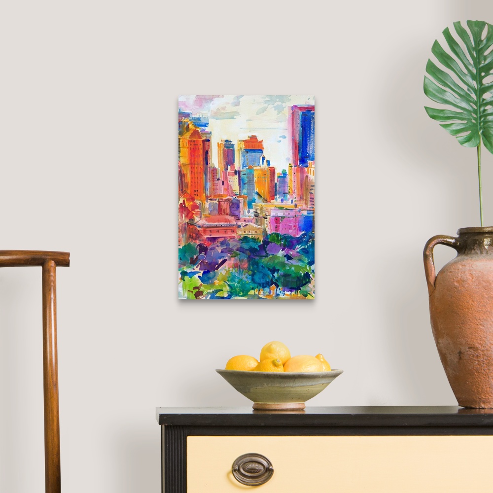 A traditional room featuring Huge contemporary art portrays a section of the New York skyline sitting behind a famous urban re...