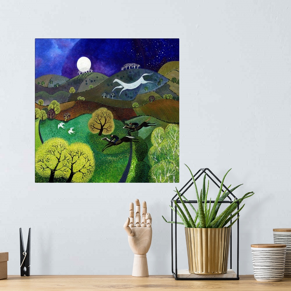 A bohemian room featuring Contemporary painting of the countryside at night with a large white chalk horse on one of the hi...