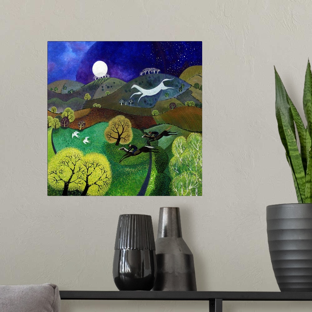 A modern room featuring Contemporary painting of the countryside at night with a large white chalk horse on one of the hi...