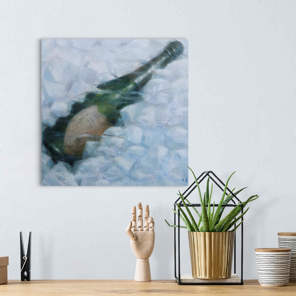 A bohemian room featuring Contemporary painting of a bottle of champagne buried in ice.