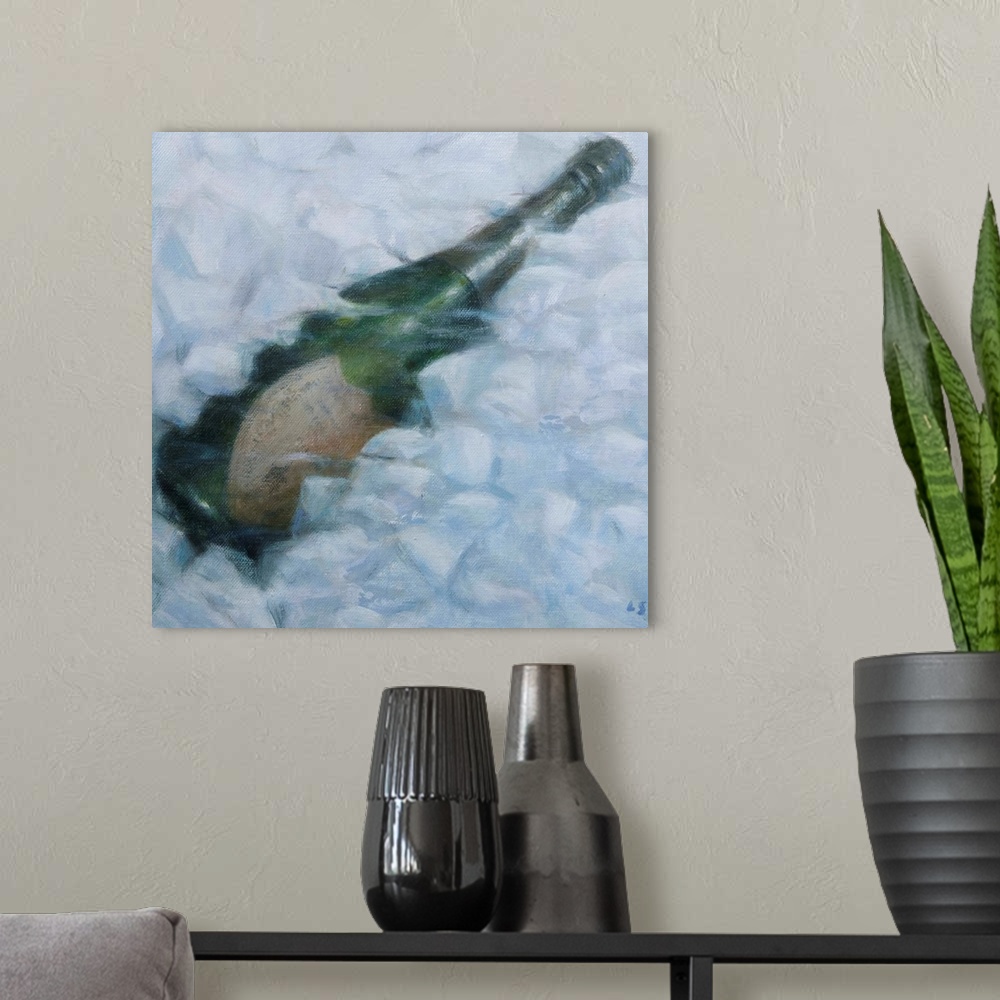A modern room featuring Contemporary painting of a bottle of champagne buried in ice.