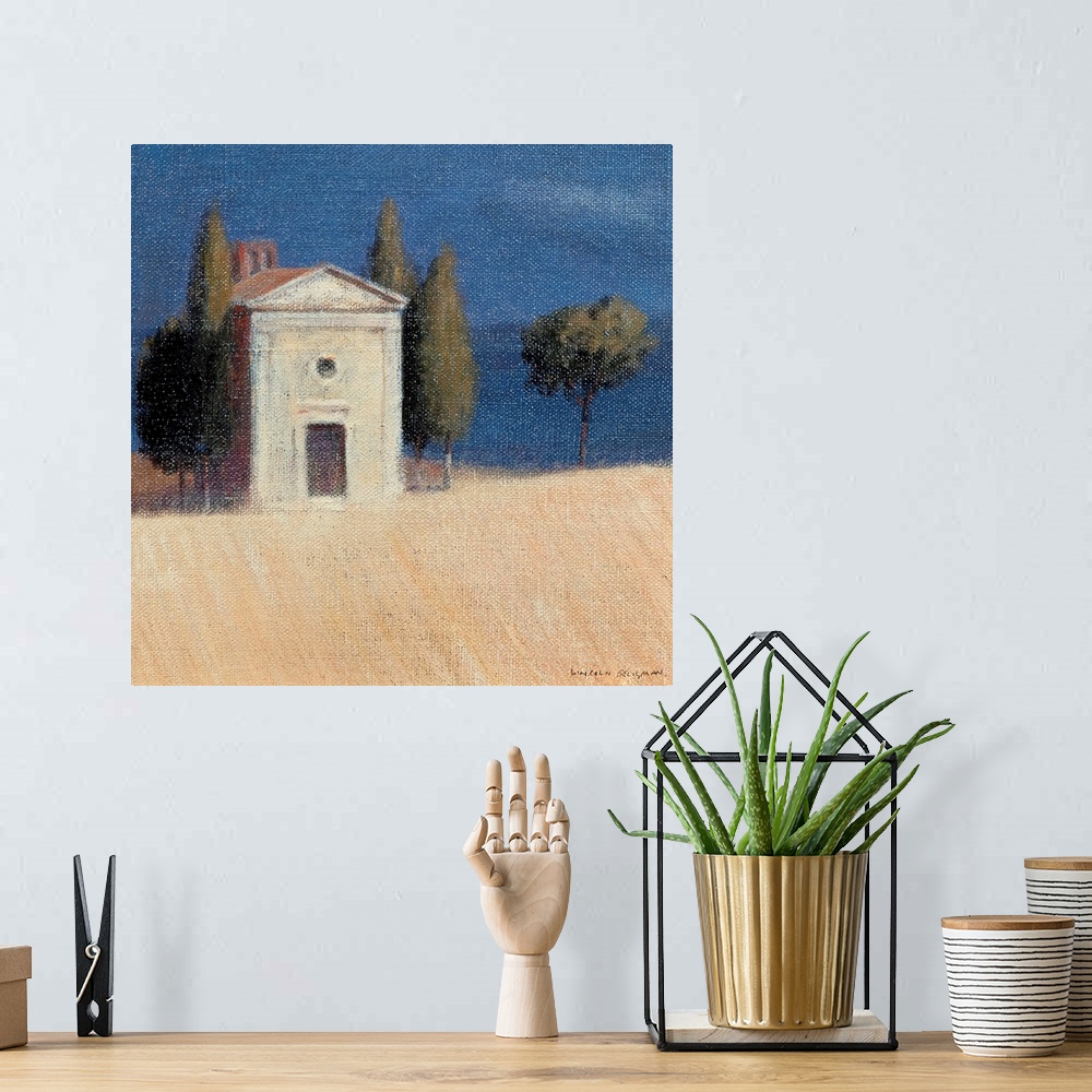 A bohemian room featuring Contemporary painting of a church in the Tuscan countryside.
