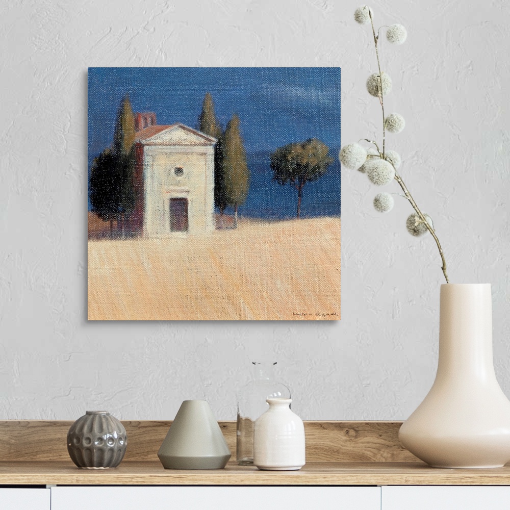 A farmhouse room featuring Contemporary painting of a church in the Tuscan countryside.